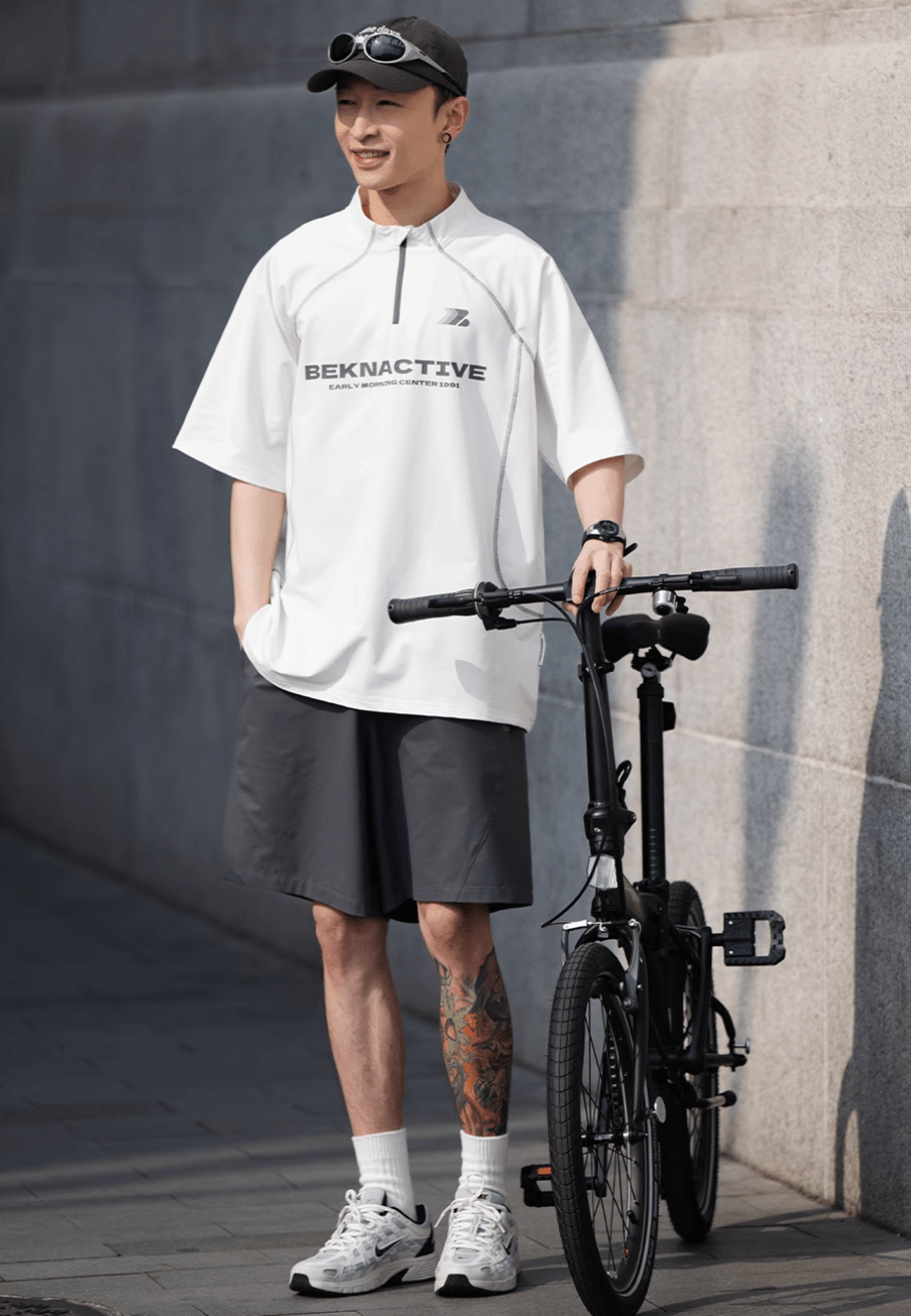 抗菌日焼け止めルーズハーフネックジッパー半袖Tシャツ B04281