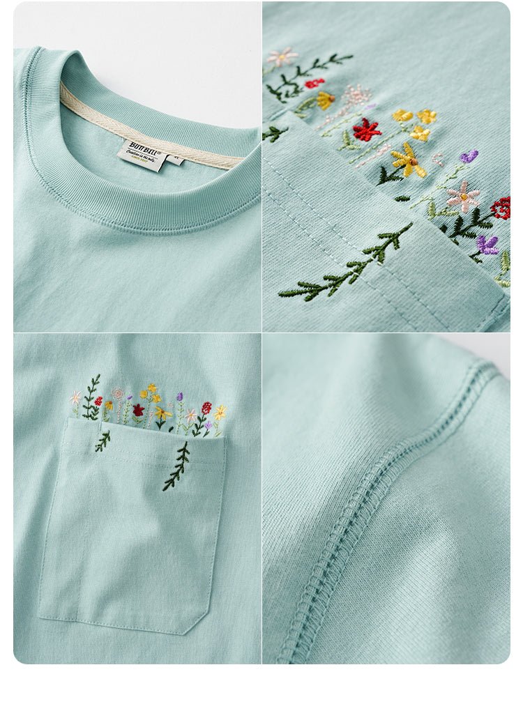 花柄刺繍270Gポケット半袖Tシャツ B07193