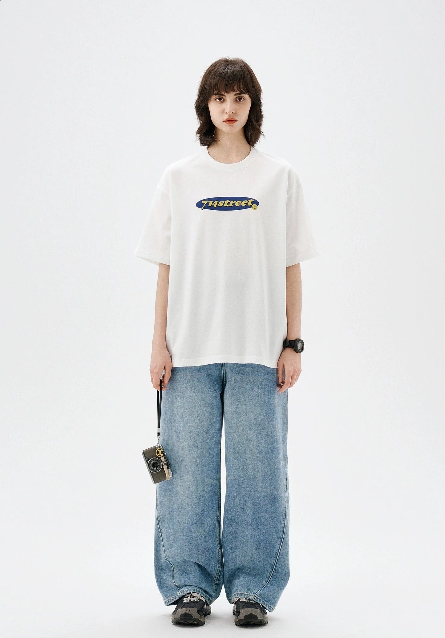 レトロテキストロゴプリント半袖Tシャツ S61110
