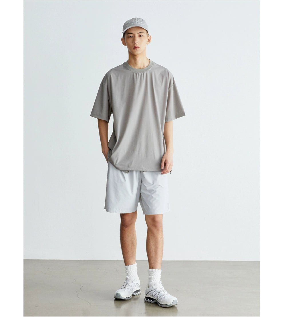 ジッパーポケット無地半袖メンズ夏防水クルーネックTシャツ V06019