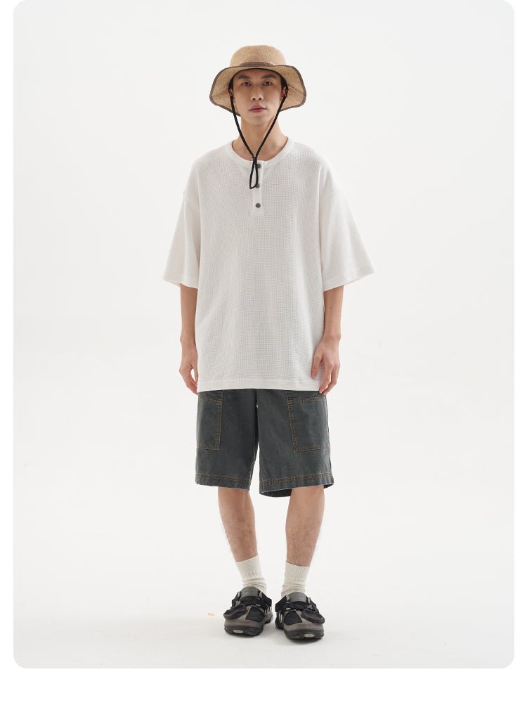 BUTTBILL 24SS 日本製ビンテージワッフル半袖Tシャツ ヘンリーカラー ルーズシルエットトップス 男性 B04093