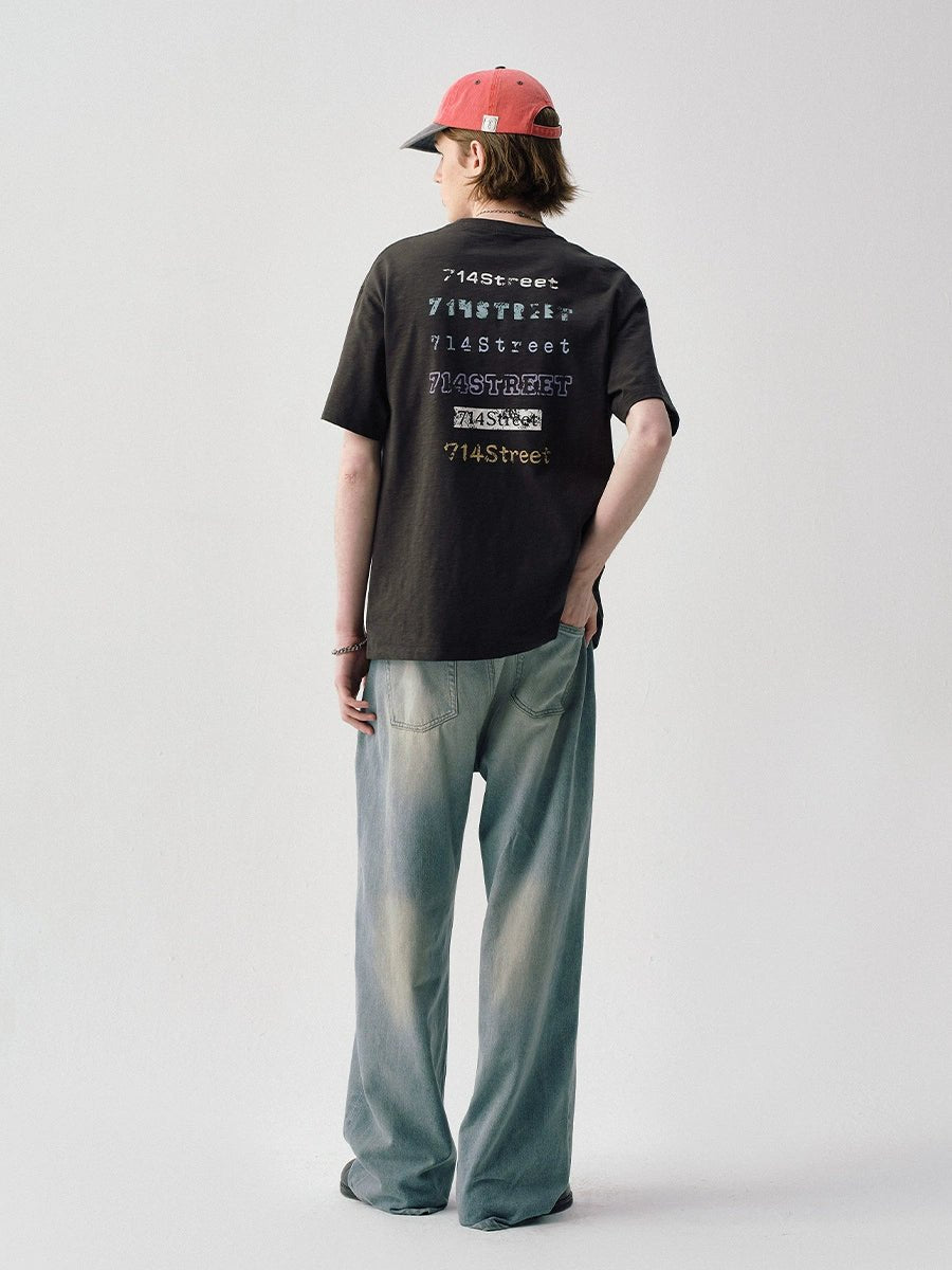 スラブテクスチャテキストプリント半袖Tシャツ S05011