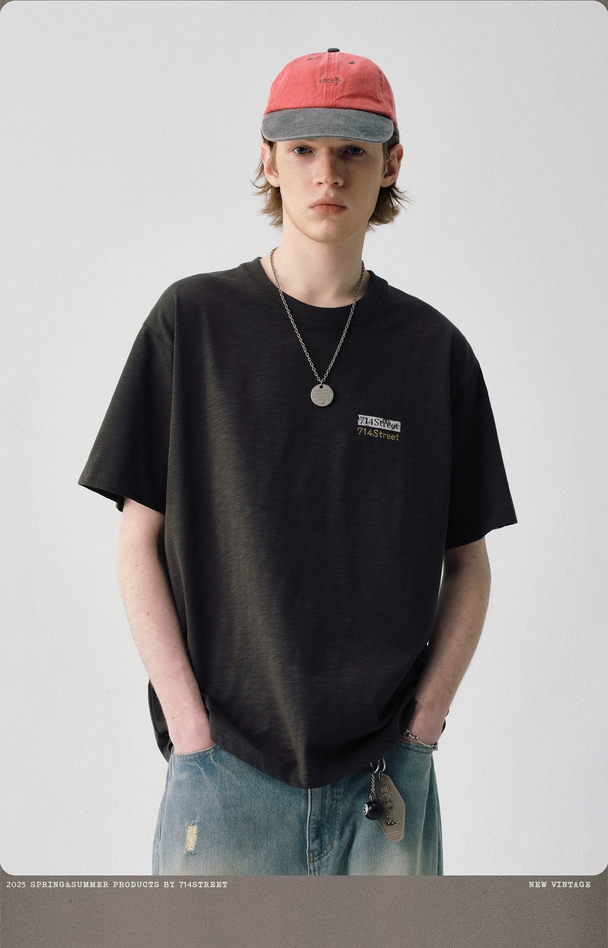 スラブテクスチャテキストプリント半袖Tシャツ S05011