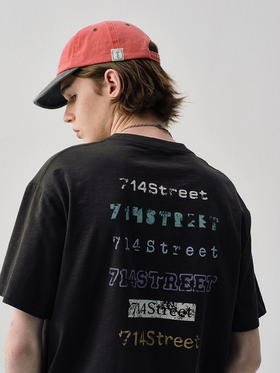 スラブテクスチャテキストプリント半袖Tシャツ S05011