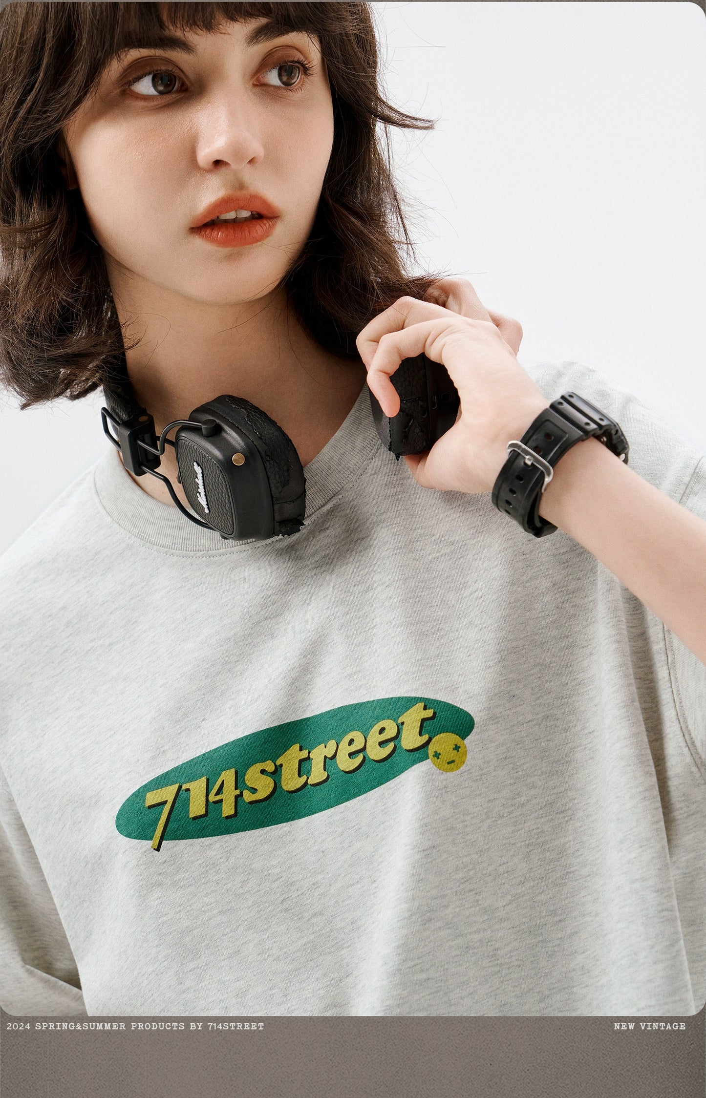 レトロテキストロゴプリント半袖Tシャツ S61110