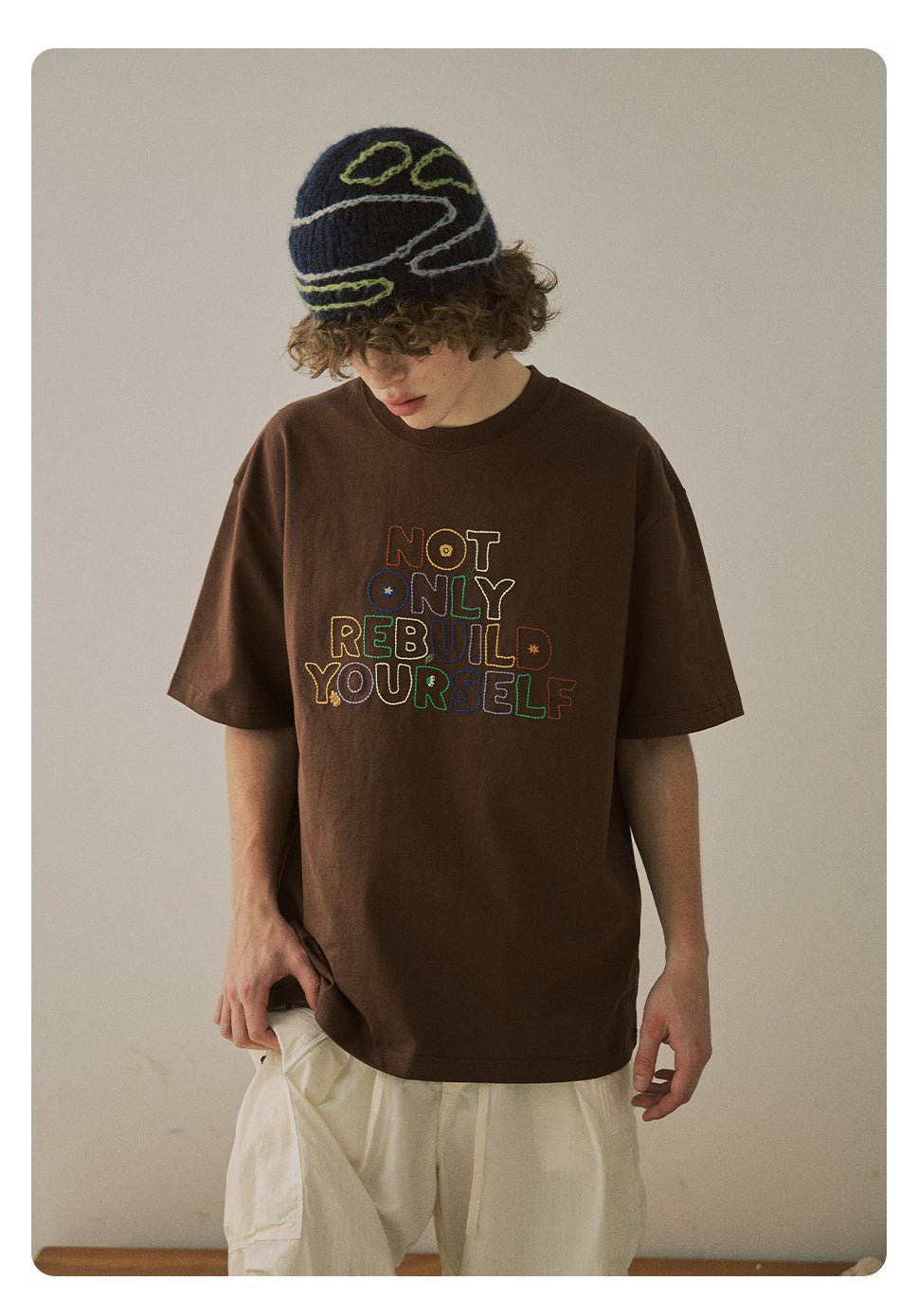 手刺繍コットンクルーネック半袖Tシャツ N051415