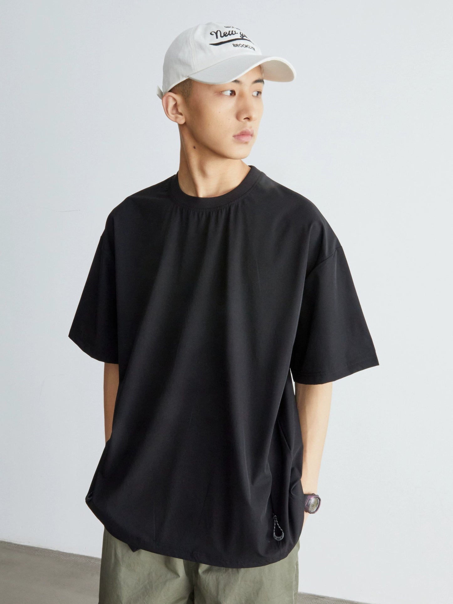 ジッパーポケット無地半袖メンズ夏防水クルーネックTシャツ V06019