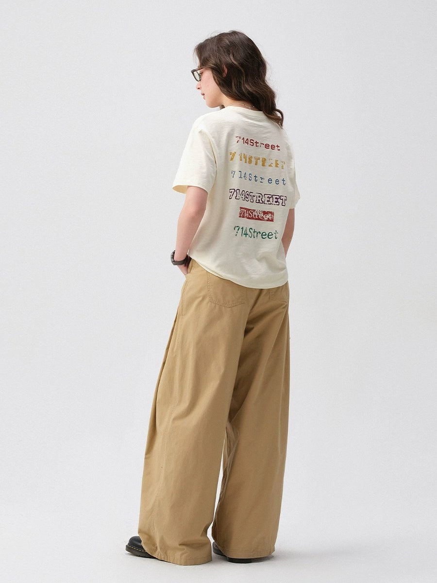 スラブテクスチャテキストプリント半袖Tシャツ S05011