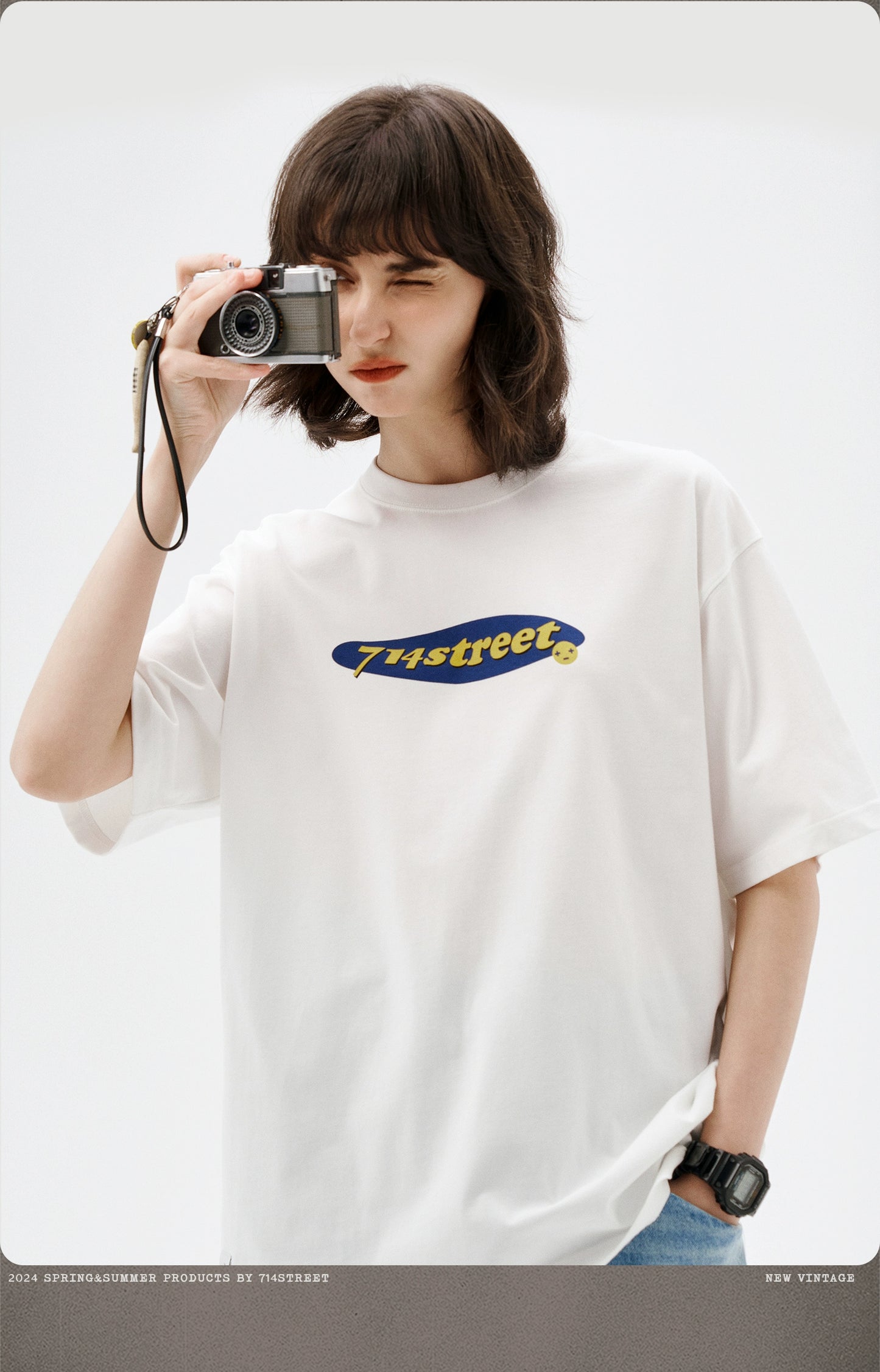 レトロテキストロゴプリント半袖Tシャツ S61110