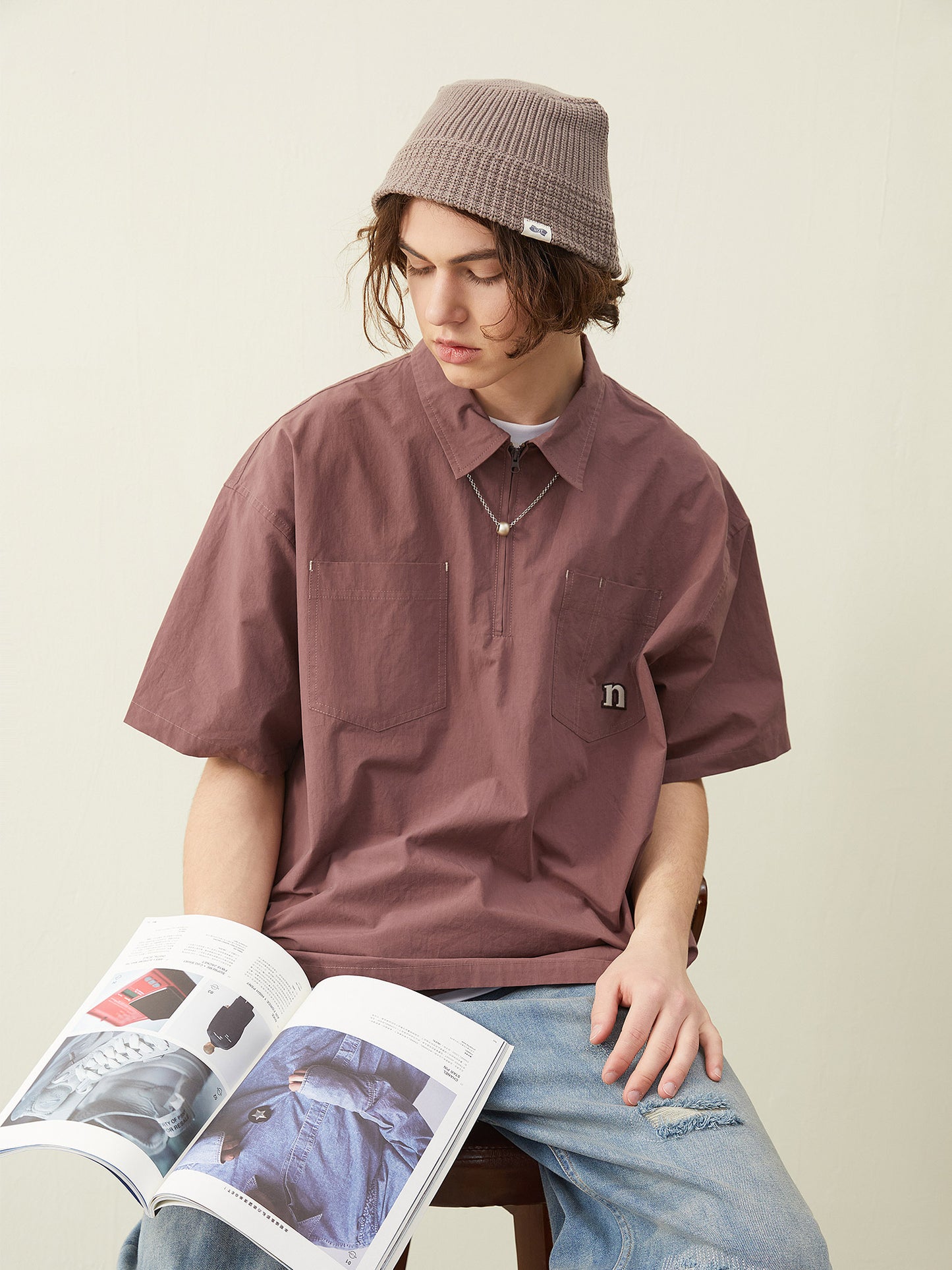 HALF ZIP COTTON SHORT SLEEVE SHIRT N69444