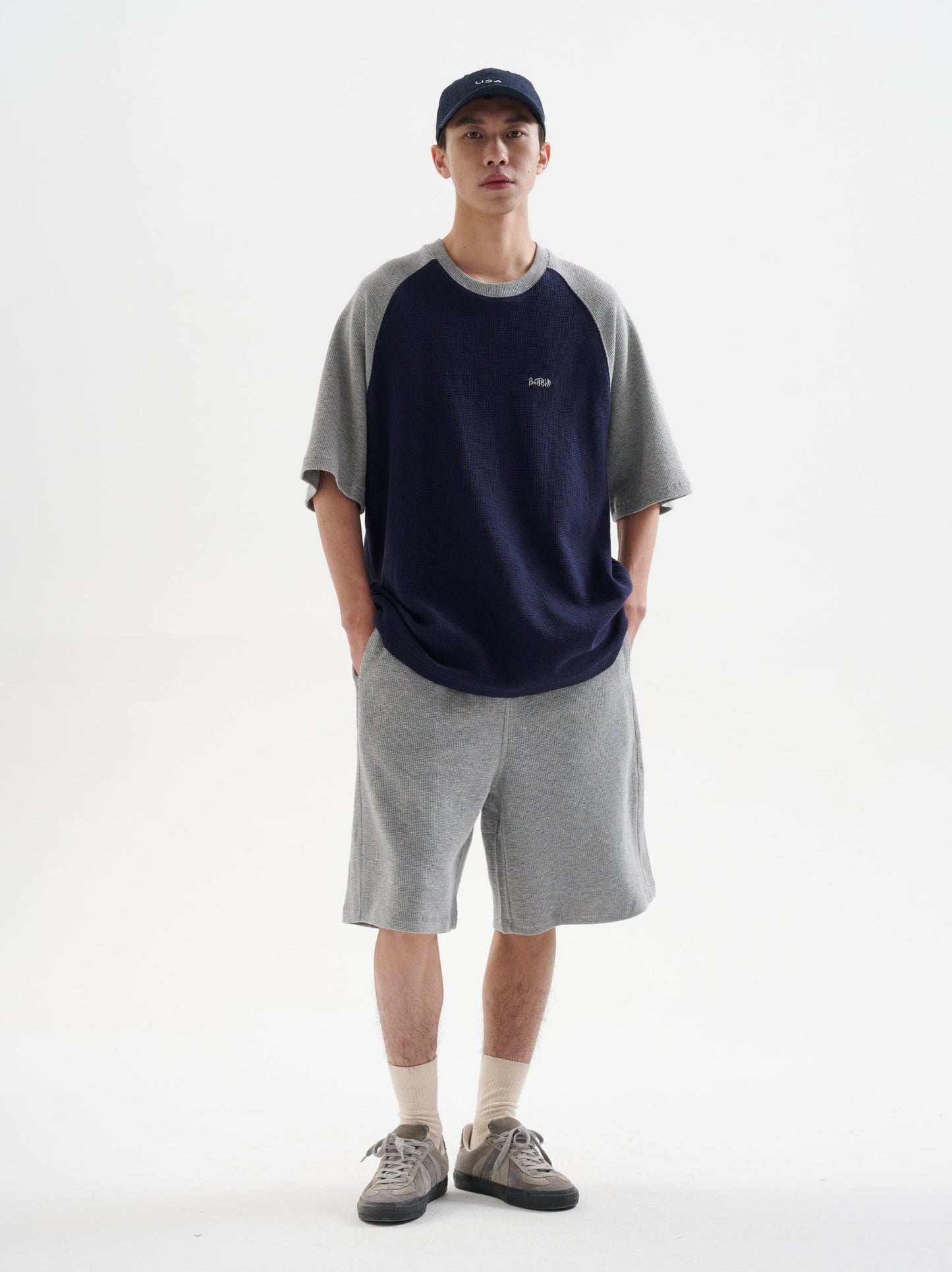 280G パッチワークコットンTシャツ B99113