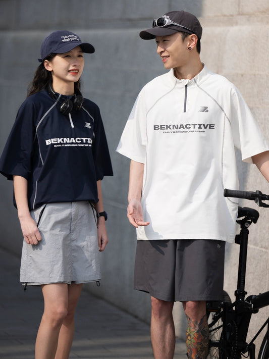 抗菌日焼け止めルーズハーフネックジッパー半袖Tシャツ B04281