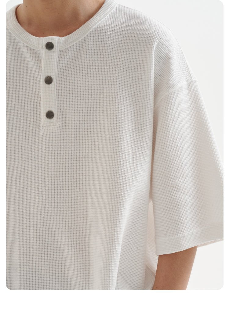 BUTTBILL 24SS 日本製ビンテージワッフル半袖Tシャツ ヘンリーカラー ルーズシルエットトップス 男性 B04093